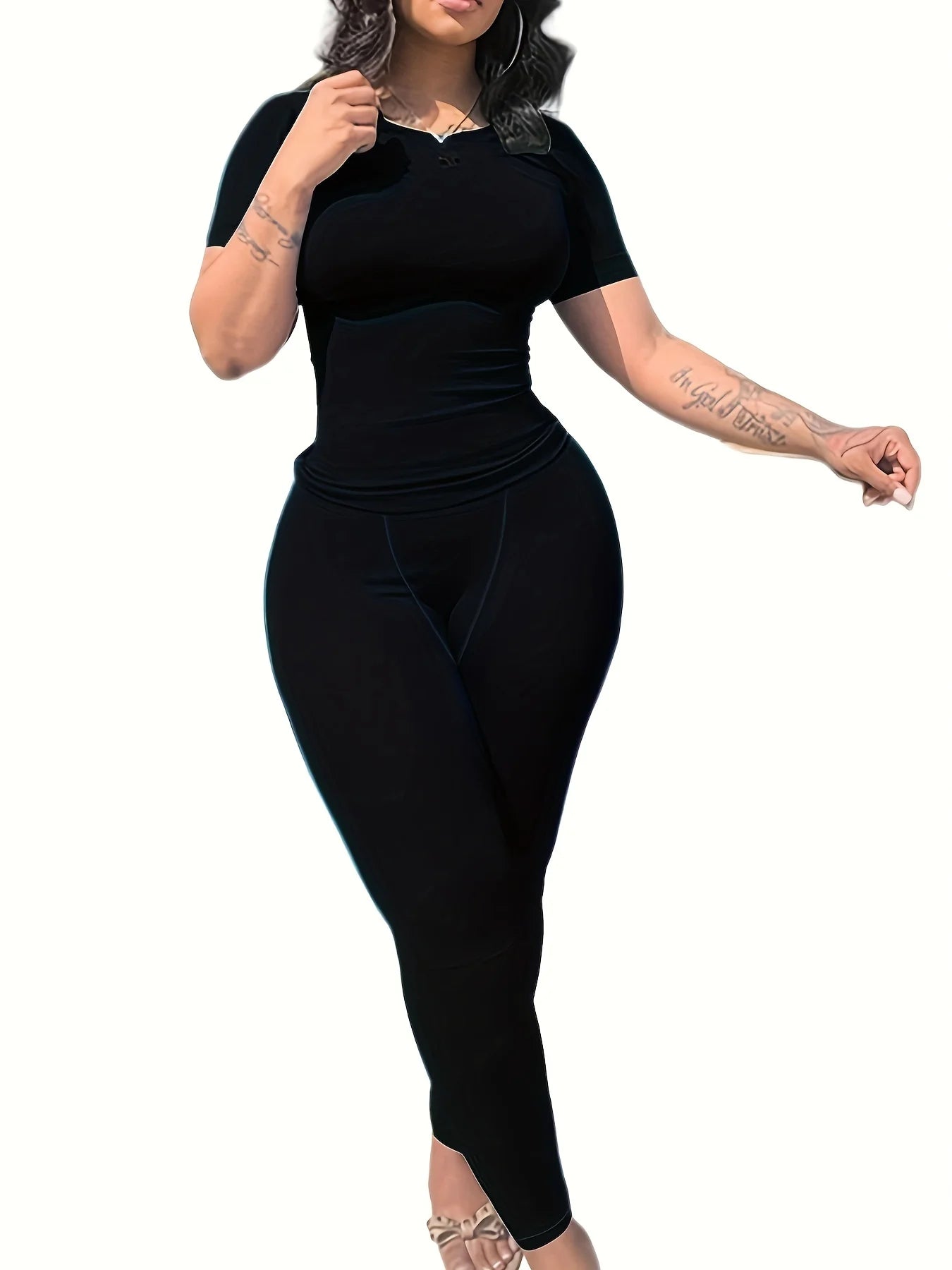 New style Lounge Wear Ribbed Casual 2 Piece Summer Shorts Set For Women Sleeve Top+Elastic Leggings Outfits black