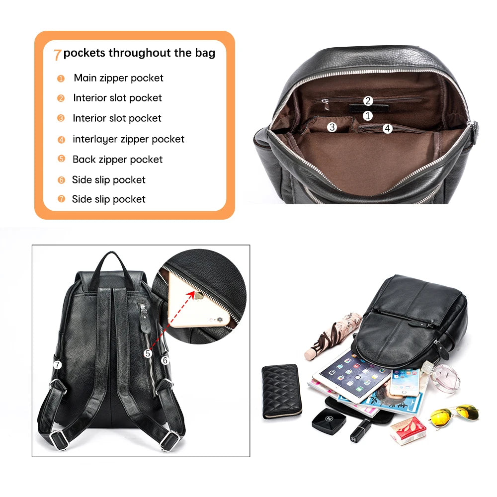 Zency Genuine Leather Women Backpack High Quality Large Capacity Travel Bag Knapsack Schoolbag Shoulder For Ladies Beige Black