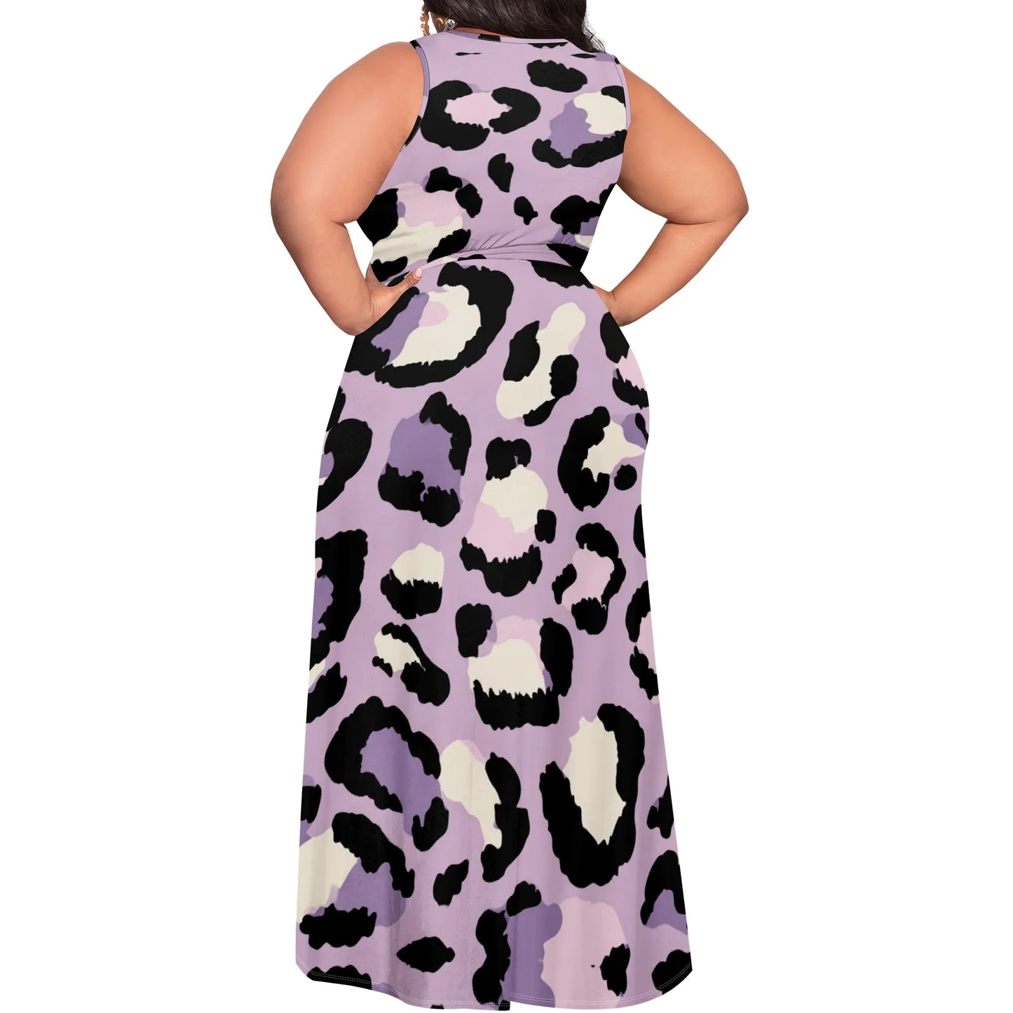 Plus Size Leopard Print Maxi Dress XL-6XL V-Neck Wrap Split Hem Sleeveless for Nightclub, Vacation or Streetwear Look