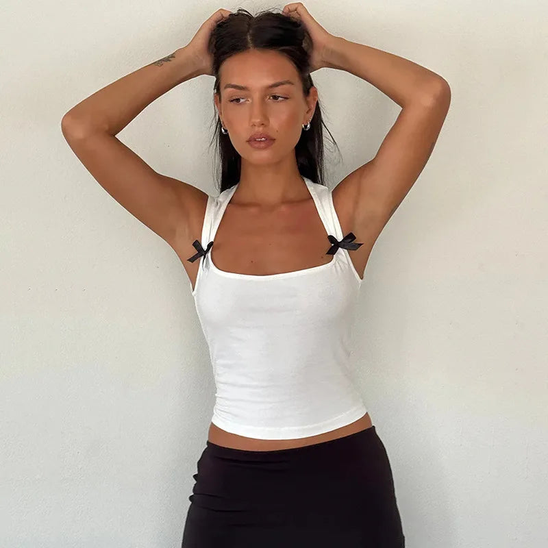 Y2K Women'S Bow Tie-Up Tank Tops Wide Shoulder Straps Bandage Camisole Sexy Low Cut Crop Tops Female Vest Tops