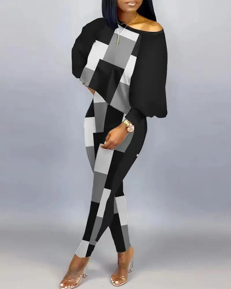 2024 New Autumn Women's Long-Sleeved Round Neck Off-Shoulder Fashion Casual Suit Pants Set Woman Coordinated Pants Sets GRAY