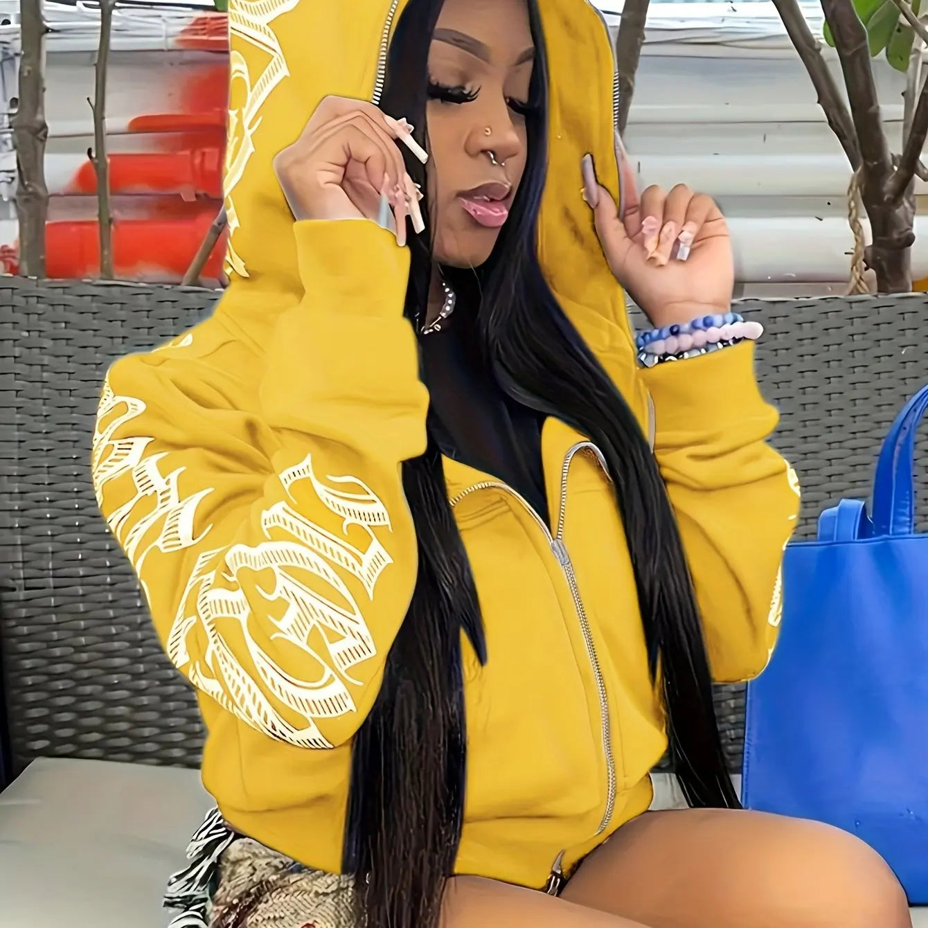 Letter Print Long Sleeve Zip Up Hoodies, Cyber Y2K Gothic Punk Sweatshirt, Women's Clothing Bright Yellow