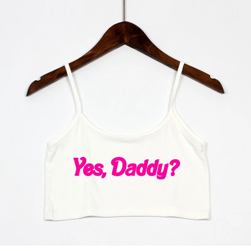 YES DADDY Pink Letters Print Summer Women's Crop Top Sexy Elastic Cotton Camis Sleeveless Short Tank Top Bar Tops Women