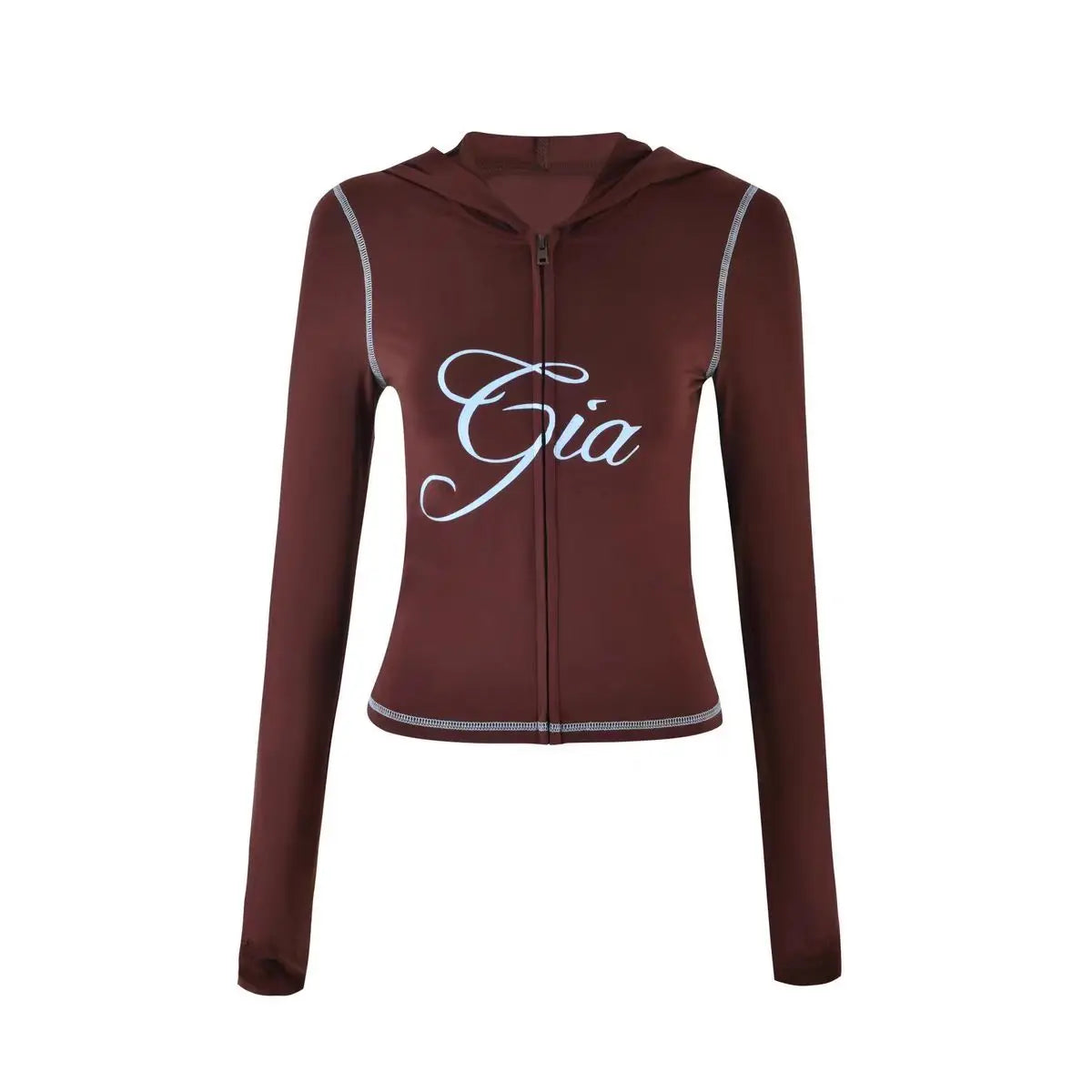 slim fit shoulder floral print bright line design slim fit hooded zipper short jacket pants for women brown top