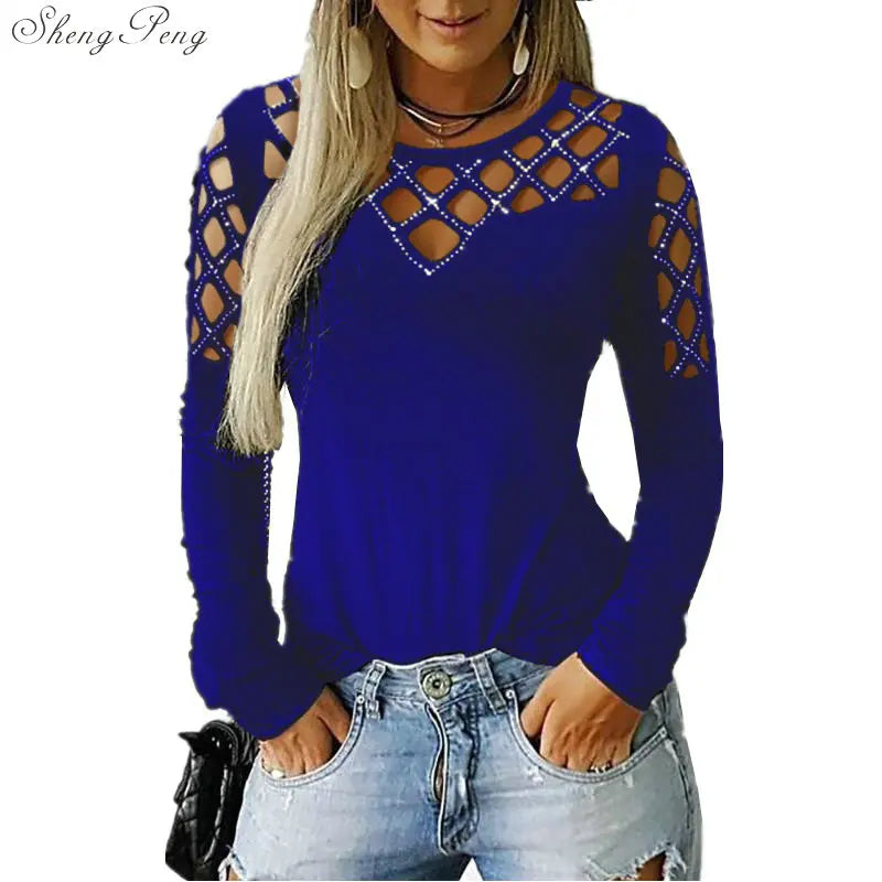 Fashion Hollow Bling Blouse Casual Sexy Rhinestone Solid Top Female Women Tops Long Sleeve Shirt Blusa Pullover 5XL V1755 3