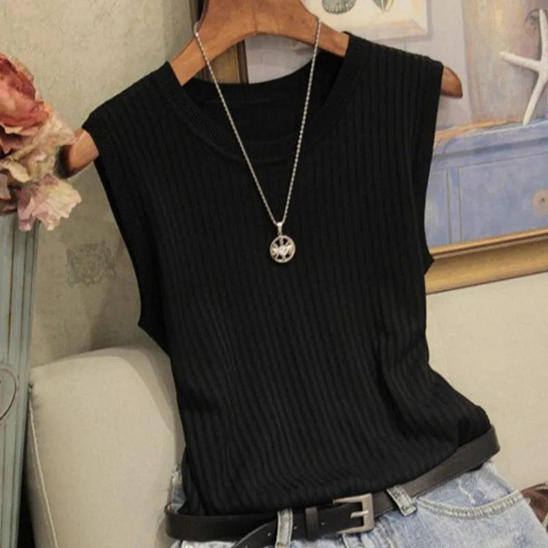 1pcs Summer New Fashion Knitted Vests O-neck Sleeveless Casual Thin Tops One Size black