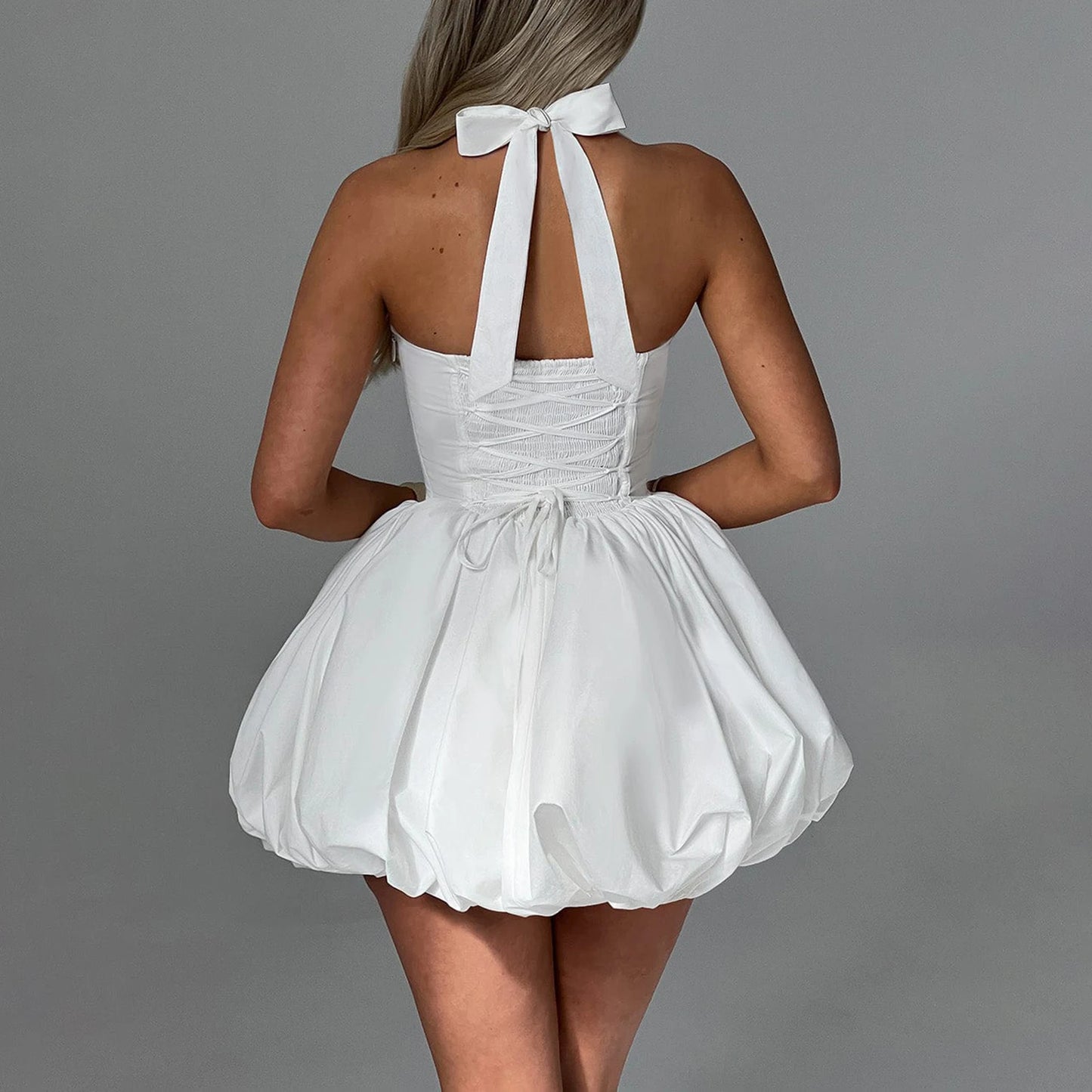 Women Corset Puff Bubble Dress Sleeveless Halter Party Club Dress Summer Tie up Square Neck Sundress Backless Beach Streetwear