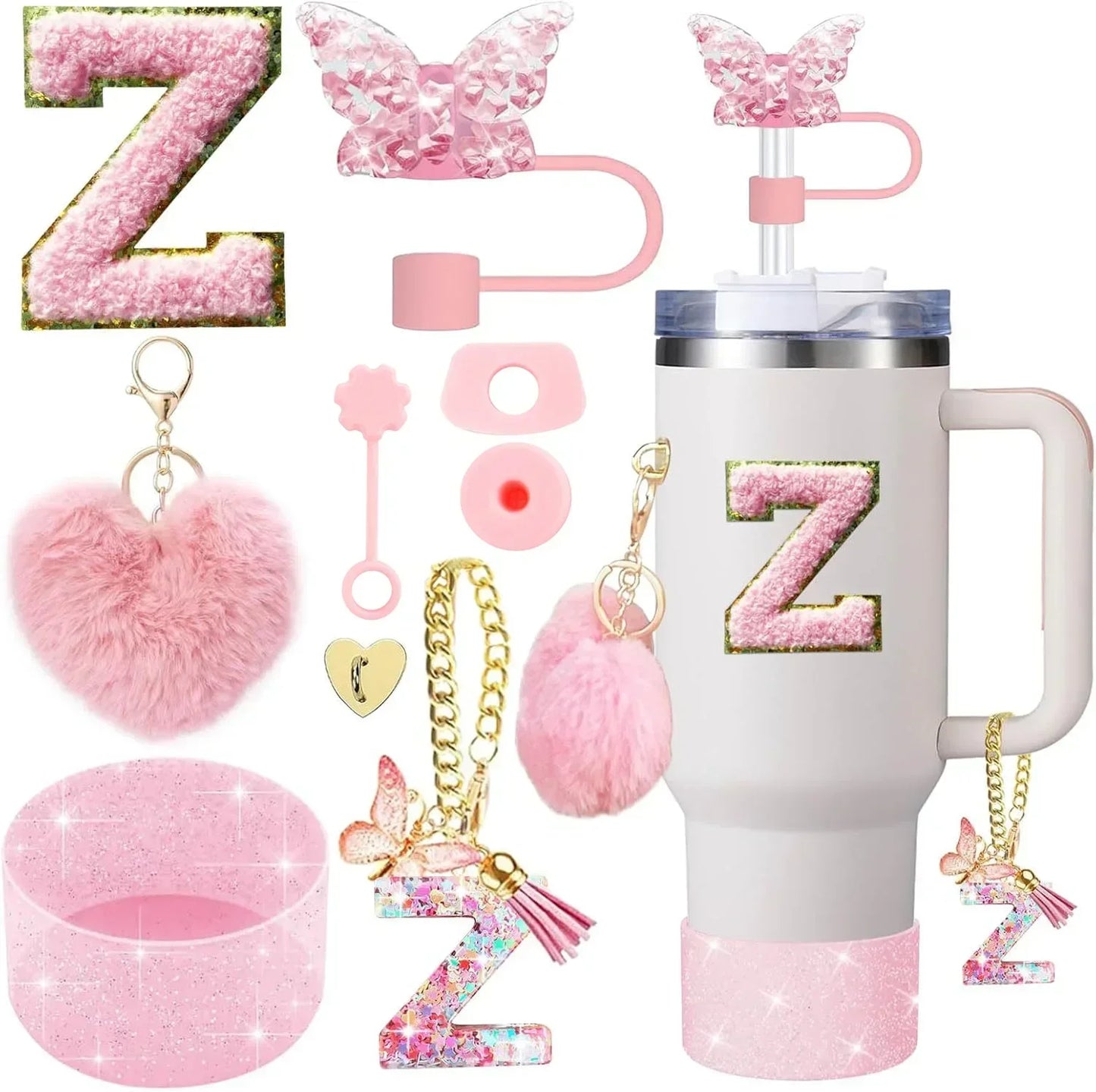 9PCS Accessory Set for Stanley Cup 30oz 40oz Butterfly Straw Cover Cap Silicone Boot Charm Initials Sticker Spill Proof Stopper Badiee Stylez
