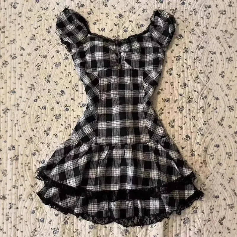 Y2K High Street Vintage Fit Dress Woman Clothing Short Sleeve Chic Casual Fashion Outfits Aesthetic Summer Sweet Dresses 2000s A4