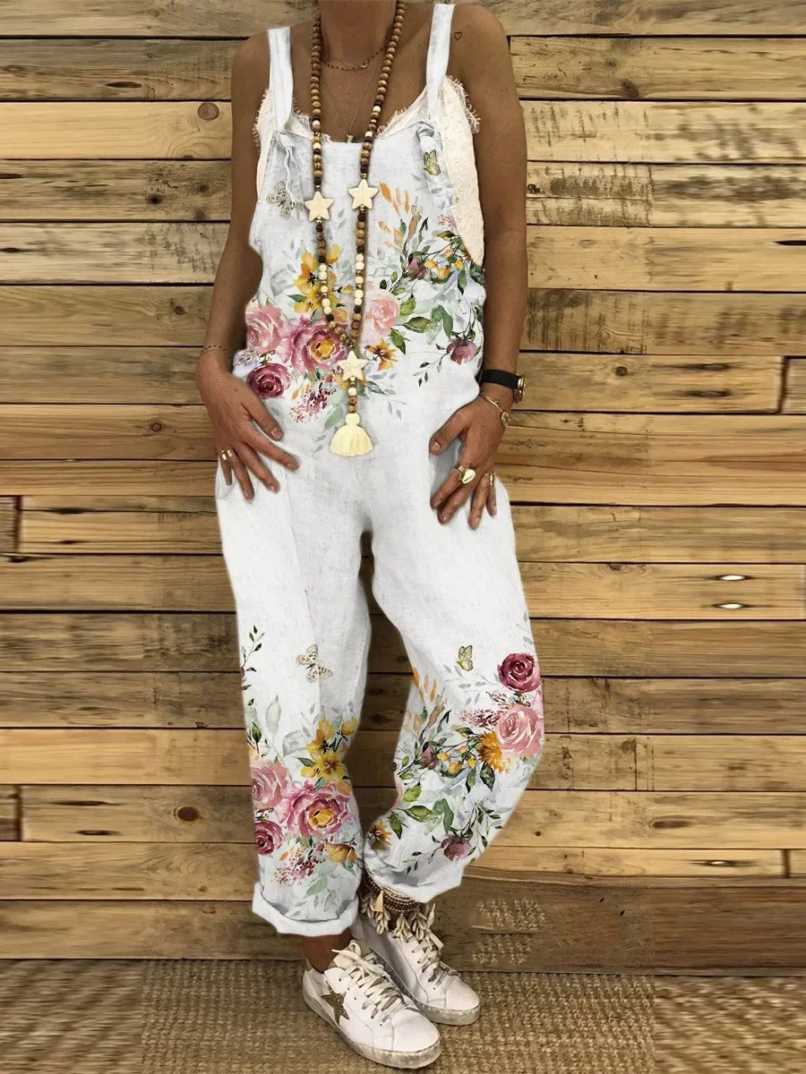 Women Overalls Summer Jumpsuits Thin Vintage Sweet Print Suspenders Loose Female Casual Large Size New Straight-leg Pants 4