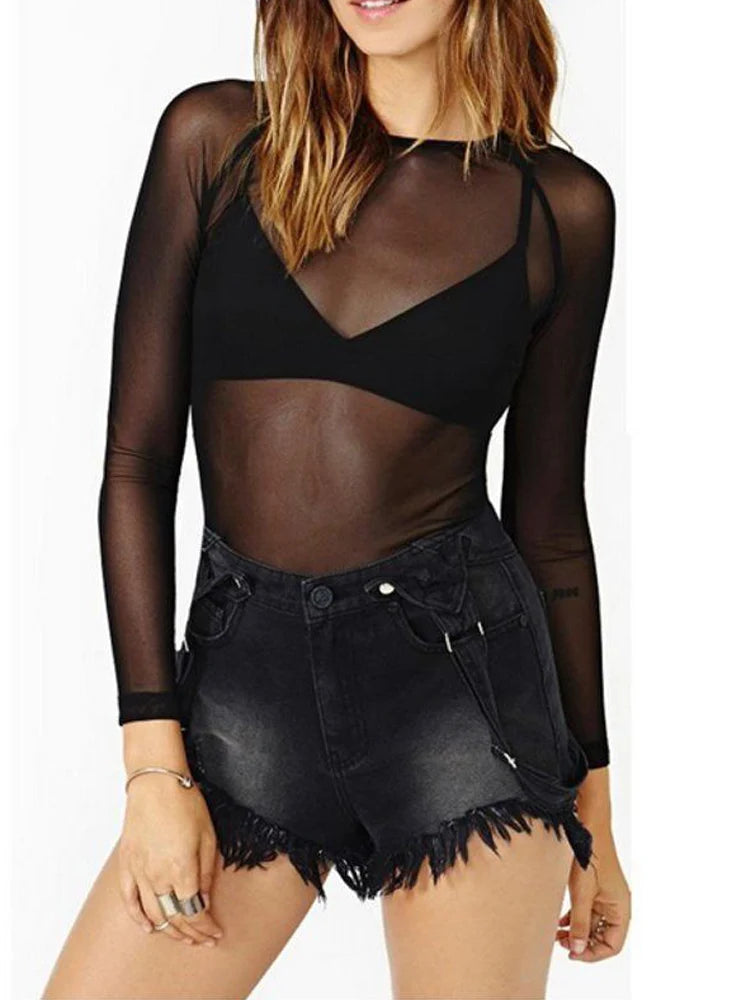 Spring Summer Womens Long Sleeve Sexy Black Mesh Top Blouses Transparent Punk Club Shirt Tees Beach Tops black