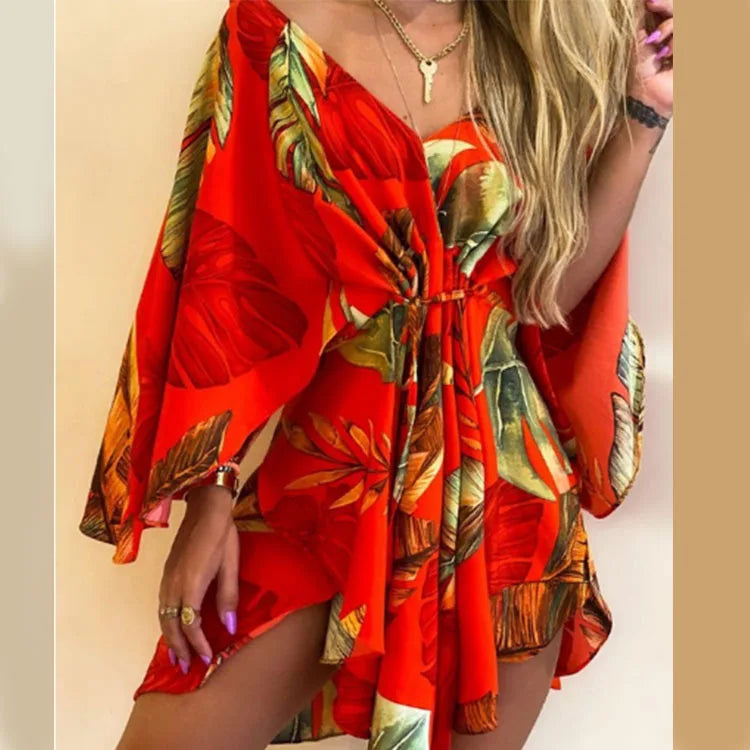 Women Print Dress Sexy V-Neck Bat Sleeve Ruffl Flowers Print Bohemian Beach Sundress Ladies Loose Summer Vacation Mini Dresses Red