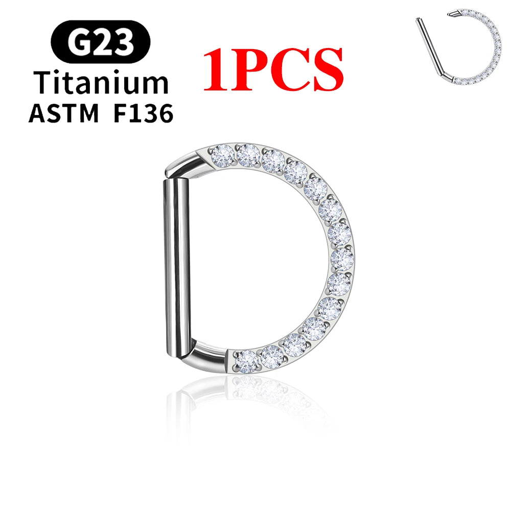 1/10PCS F136 G23 Titanium Piercing Nose Ring D Shape Hinged Segment CZ 16G Clicke Cartilage Tragus Helix Earrings Body Jewelry 1PCS Silver Color 2 CHINA