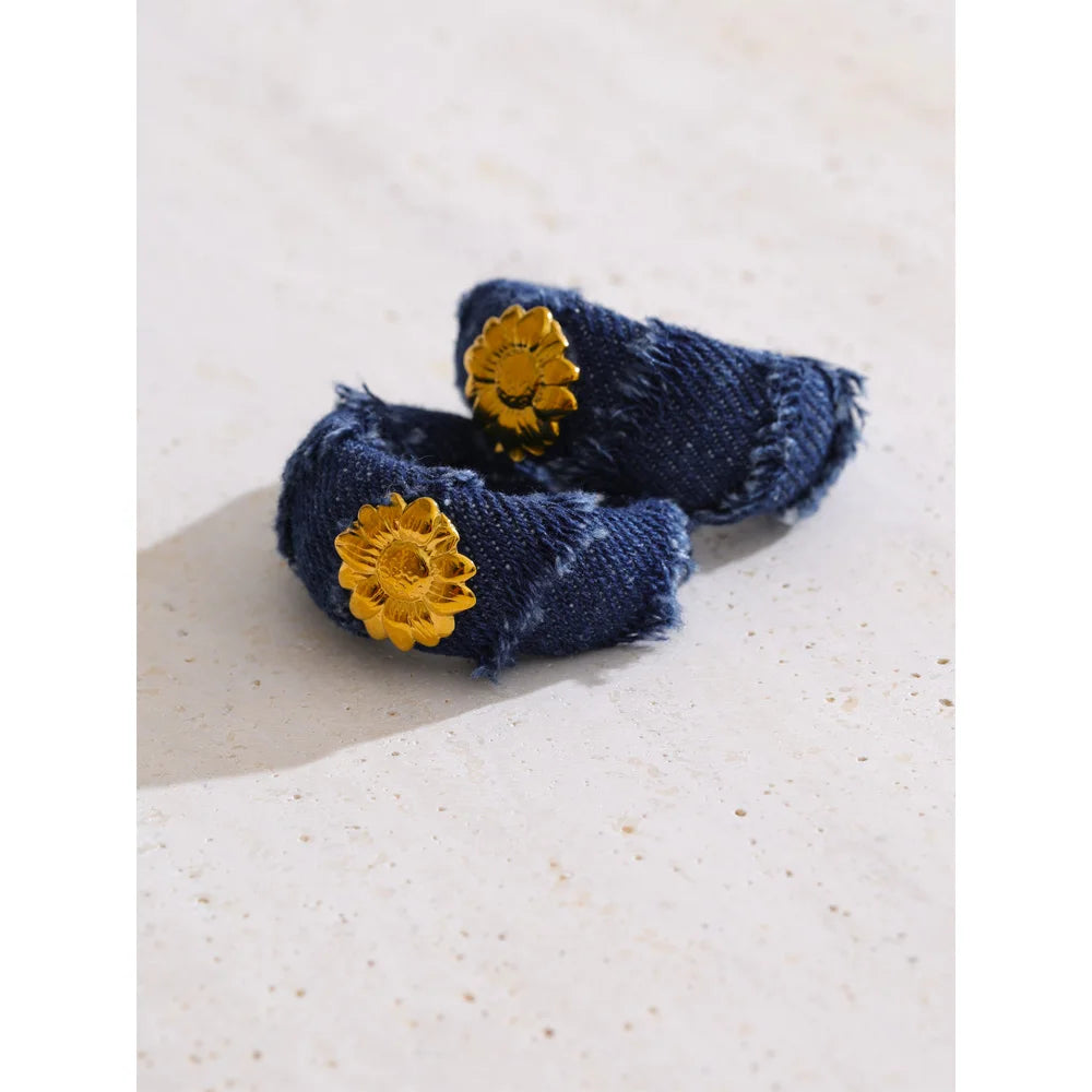 Yhpup Creative Blue Denim Flower C Shape Hoop Earrings Women Stainless Steel Popular Jewelry Autumn & Winter New 2025 Wholesale