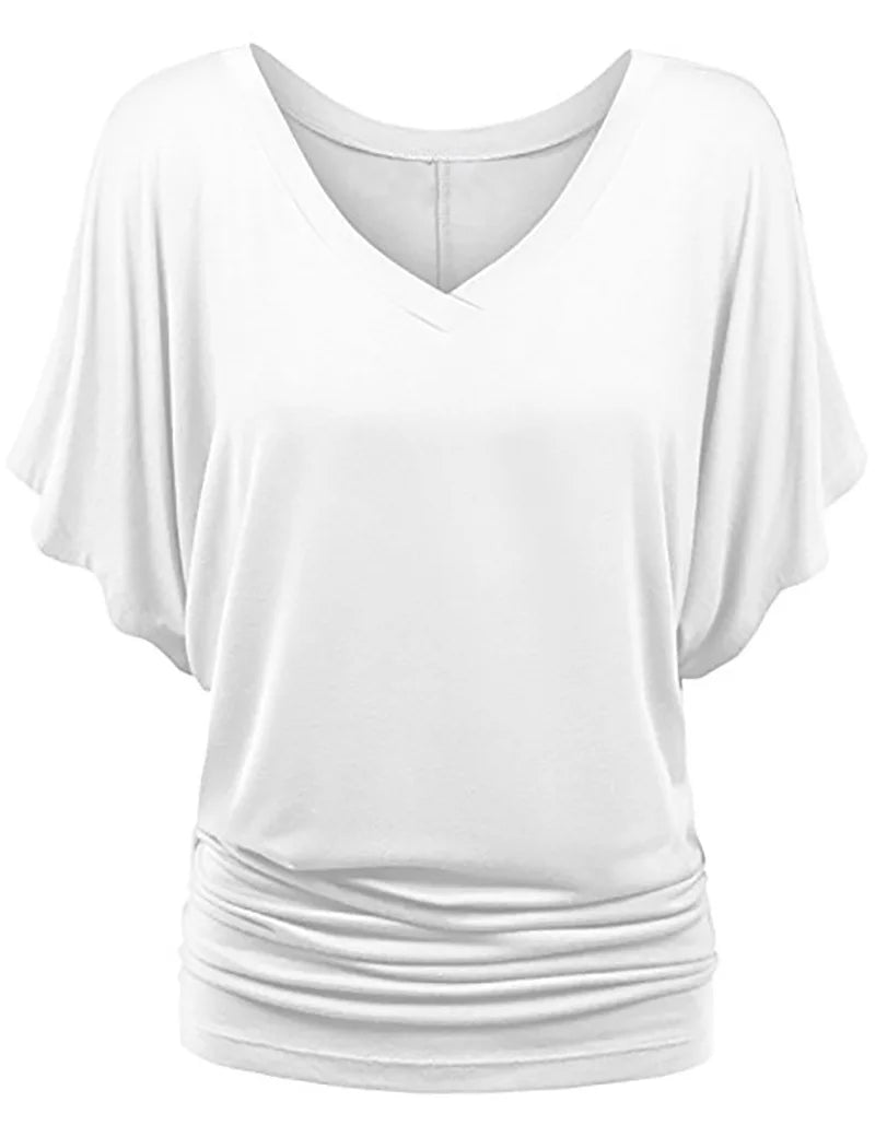Women V Neck Short Sleeve Pleated Loose T-shirts Summer Lady Batwing Sleeve Oversized S-5XL Tee Shirt Tops OUYMFZ-A1375 White
