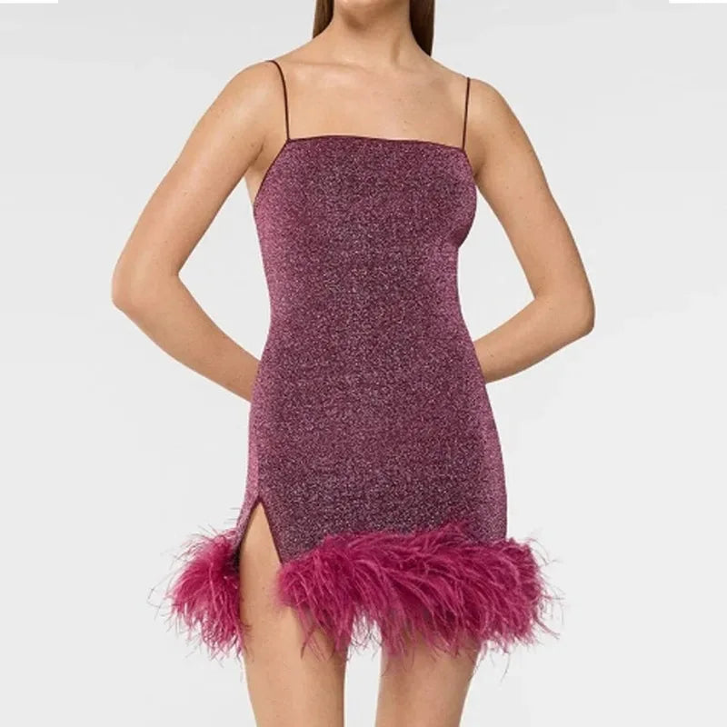 Sexy Sleeveless Hollow Irregular Long Dress Fashion Backless Slim Fit Party Dress Lady Elegant Feather Patchwork Suspender Dress 04 Red(Short)