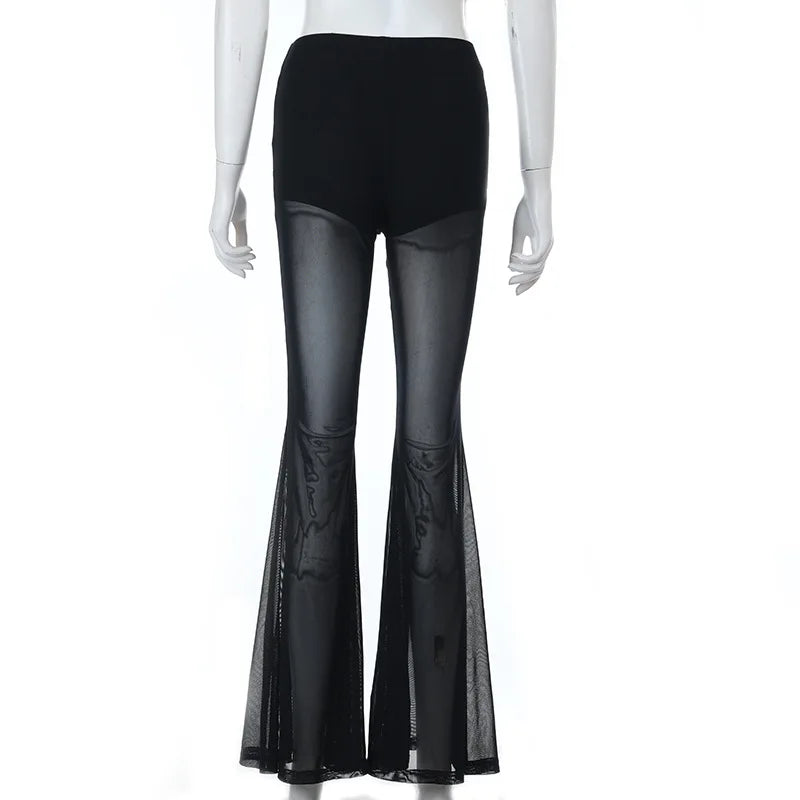 American Fashion Gothic Style Mesh Black Silk Sexy Trousers Suit Women's Summer Street Hip-hop Y2K Black Flared Pants Pants