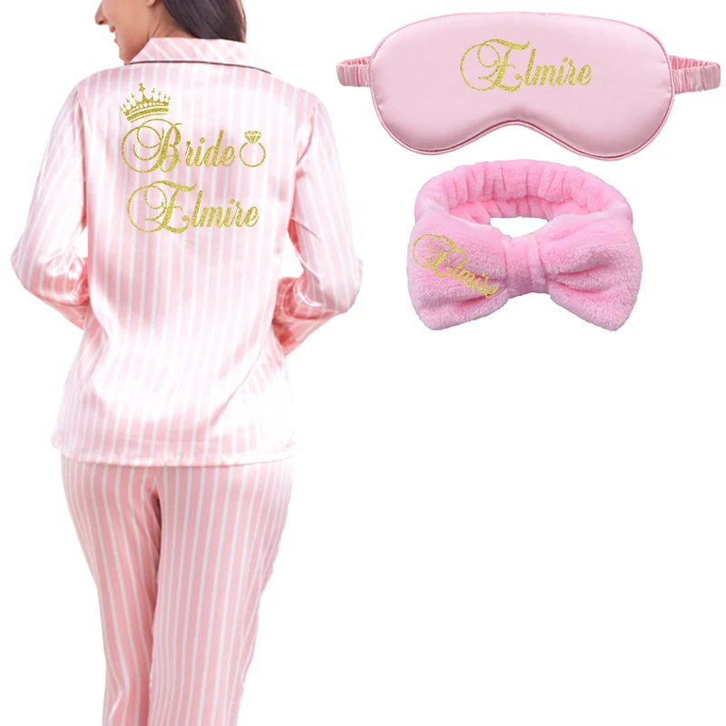 2 Piece Personalized Name Women Sleepwear Faux Silk Satin Pajamas Set Long Sleeve Sleepwear Pajamas Suit Female Homewear pajamas hairband ma