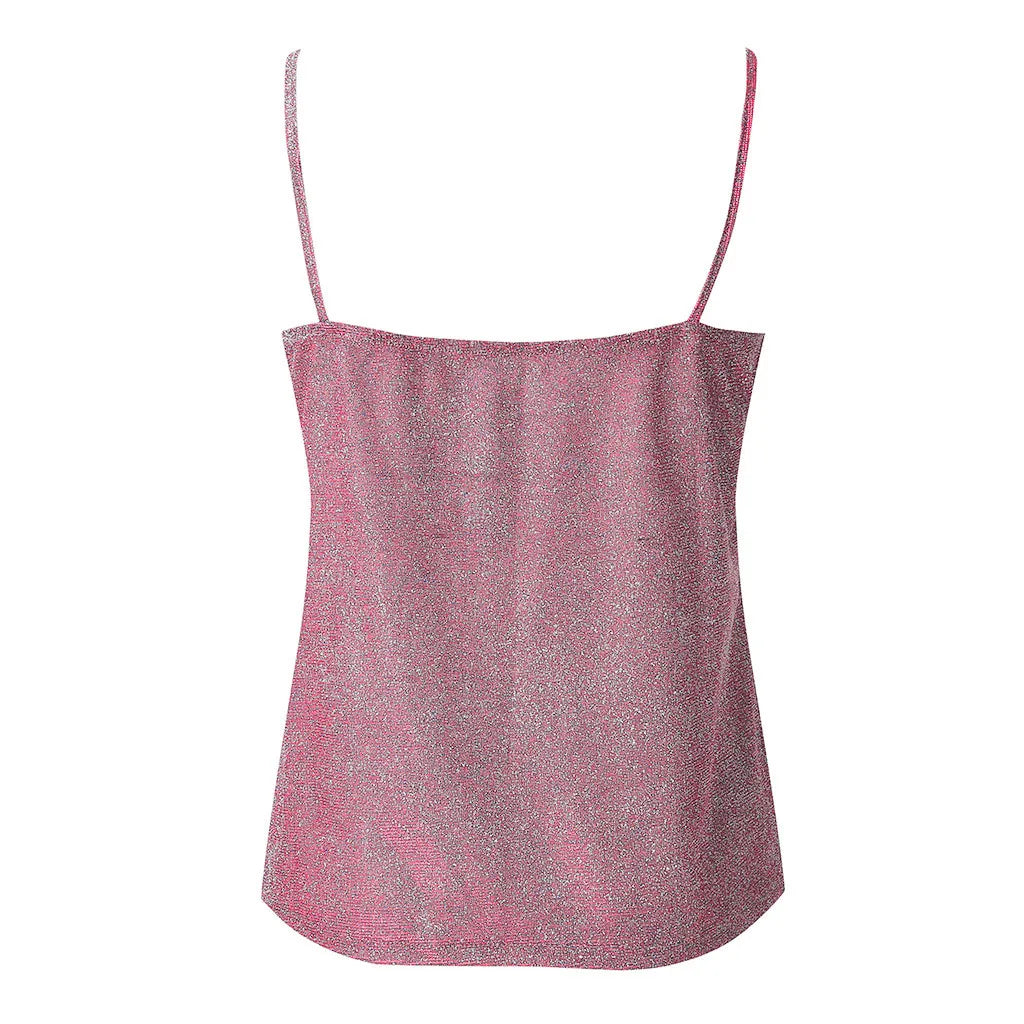 Women’s Solid Color V-Neck Tank Tops Ladies Glitter Strappy Sexy Cami Swing Vest Clubwear Fashion Canottiera Donna Estiva