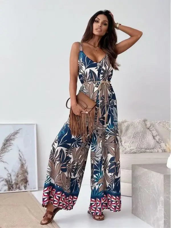 New Women's Wide Leg Jumpsuit V-Neck Strapless Belted Print New Style Short Pants MULTI3