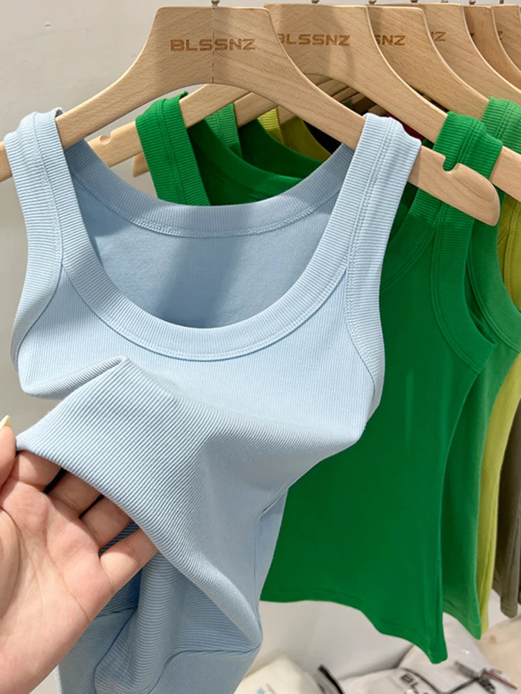 zjaiss Women Solid Round Neck Ribbed Tank Top Camisole Women 2025 Summer Basic Elastic Tank Top O Neck Solid Tank Top sky blue