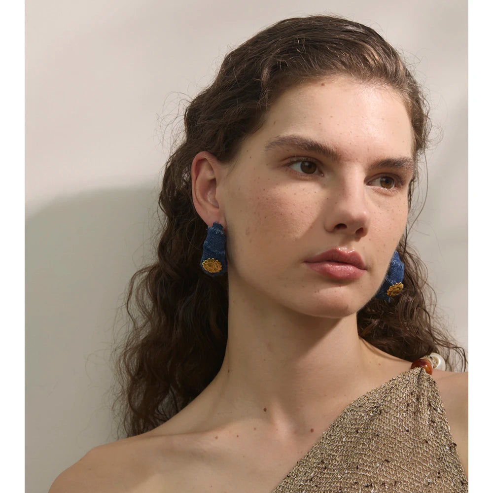 Yhpup Creative Blue Denim Flower C Shape Hoop Earrings Women Stainless Steel Popular Jewelry Autumn & Winter New 2025 Wholesale