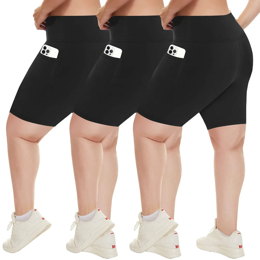 Plus Size Fit Yoga Shorts for Women's High Waist Side Pocket Workout Running Tight Stretchy Athletic Summer Fashion Slim Shorts