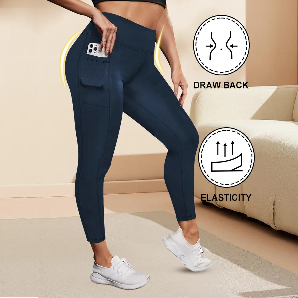 Women's High-Waisted Yoga Pants Plus Size Butt-Lifting Workout Leggings with Pockets Elastic Activewear for Gym & Running navy