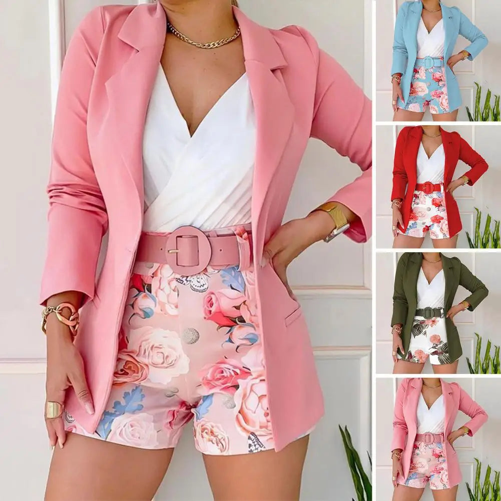 2 Pcs/Set Women Coat Shorts Set Solid Color Long Sleeves Female Outfit Set Flower Print Turn-down Collar Lady Top Shorts Suit