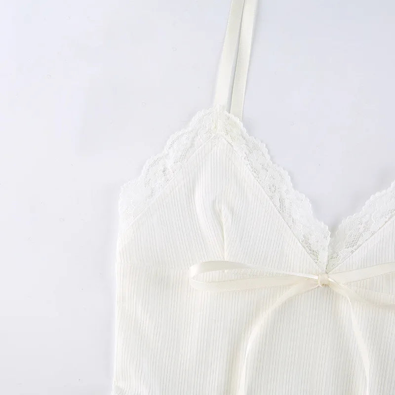 Lace Trim Crop Top Aesthetic White Bow Cute Sweet Mini Vest Knitted Basic Casual Tee Women Summer Backless Beach