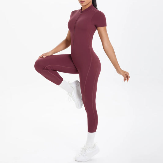 Short Sleeved Fitness Jumpsuit for Woman Bodysuits Backless Solid Color Scrunch One-Piece Suit Half Zipper Gym Yoga Sets Womens