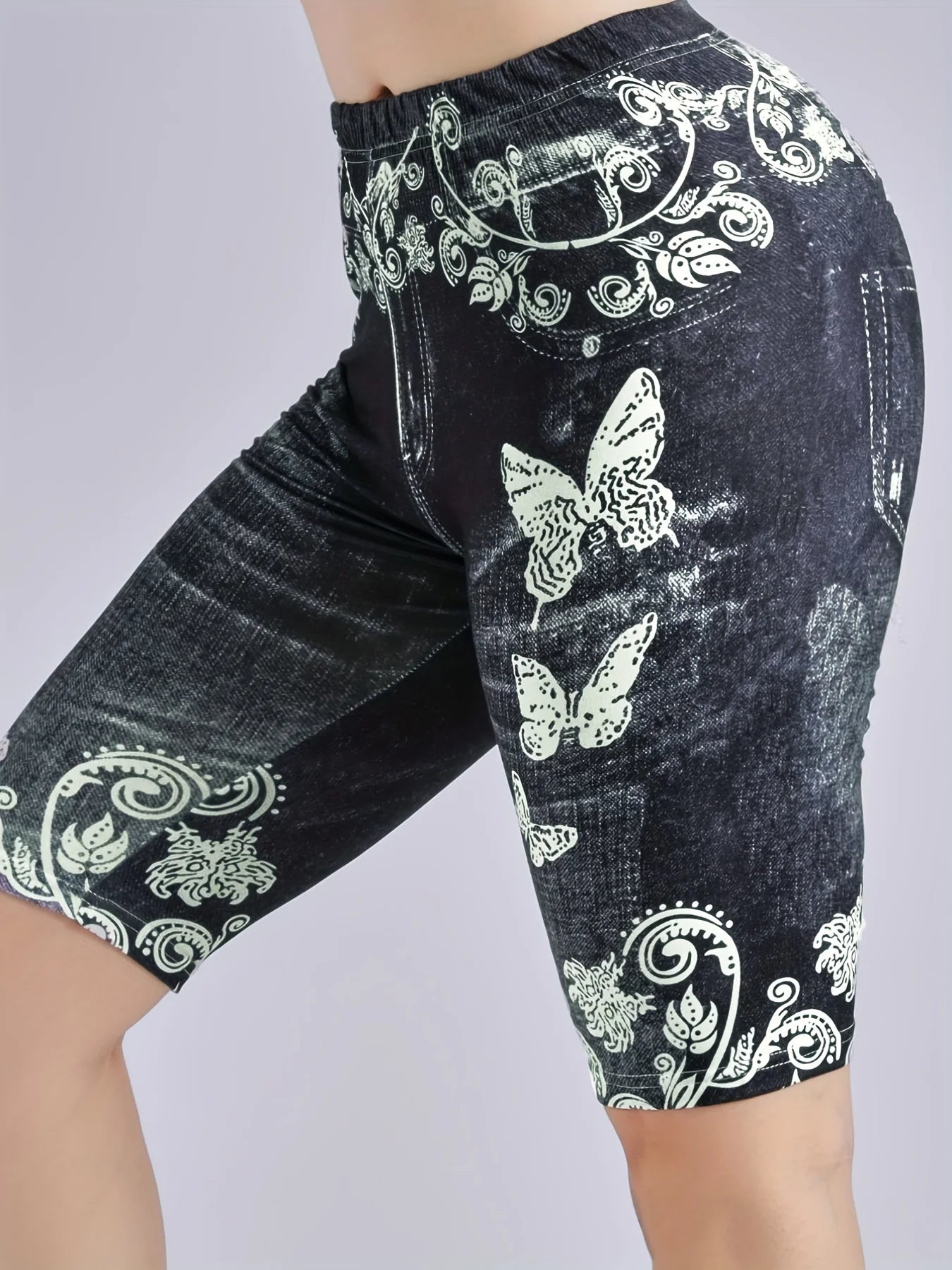 3 Piece Set Of Lmitation Denim Leggings For Women Butterfly Waist Fruit Flower Elastic Shorts High Waist Casual black