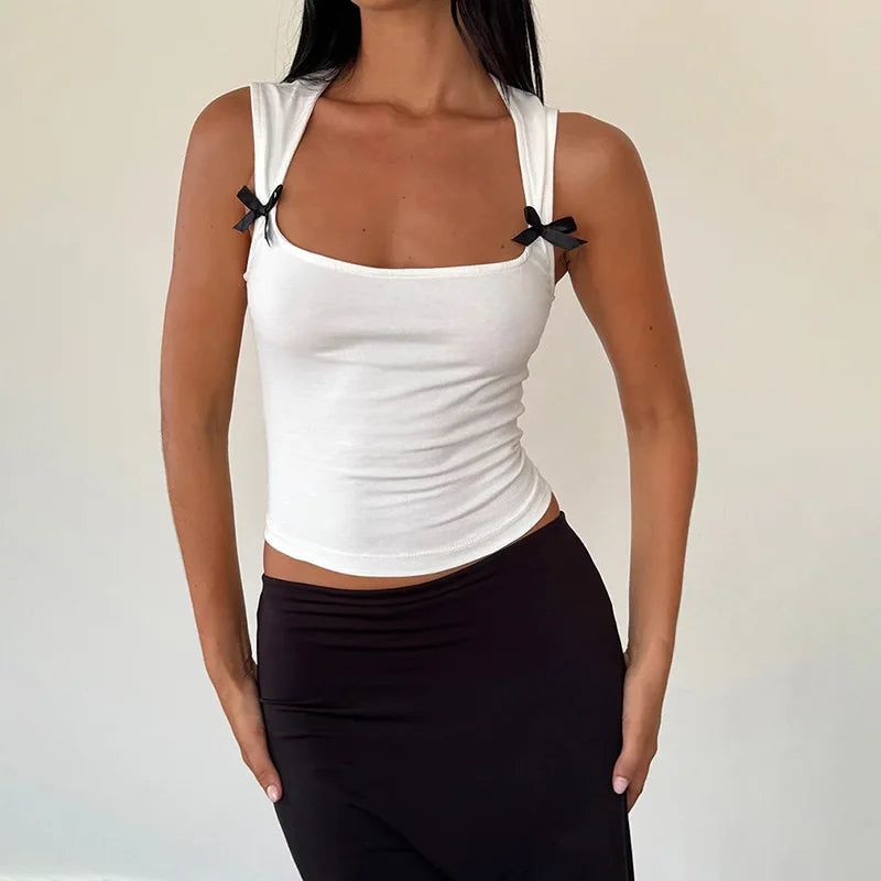 Y2K Women'S Bow Tie-Up Tank Tops Wide Shoulder Straps Bandage Camisole Sexy Low Cut Crop Tops Female Vest Tops