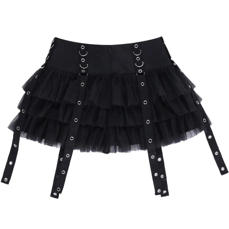 Y2K Street Dark Devil Cloth Strip Pleated Skirt Metallic Buckling Lace Layer Cake Short Skirt Women‘s High-end Design Sex Skirt