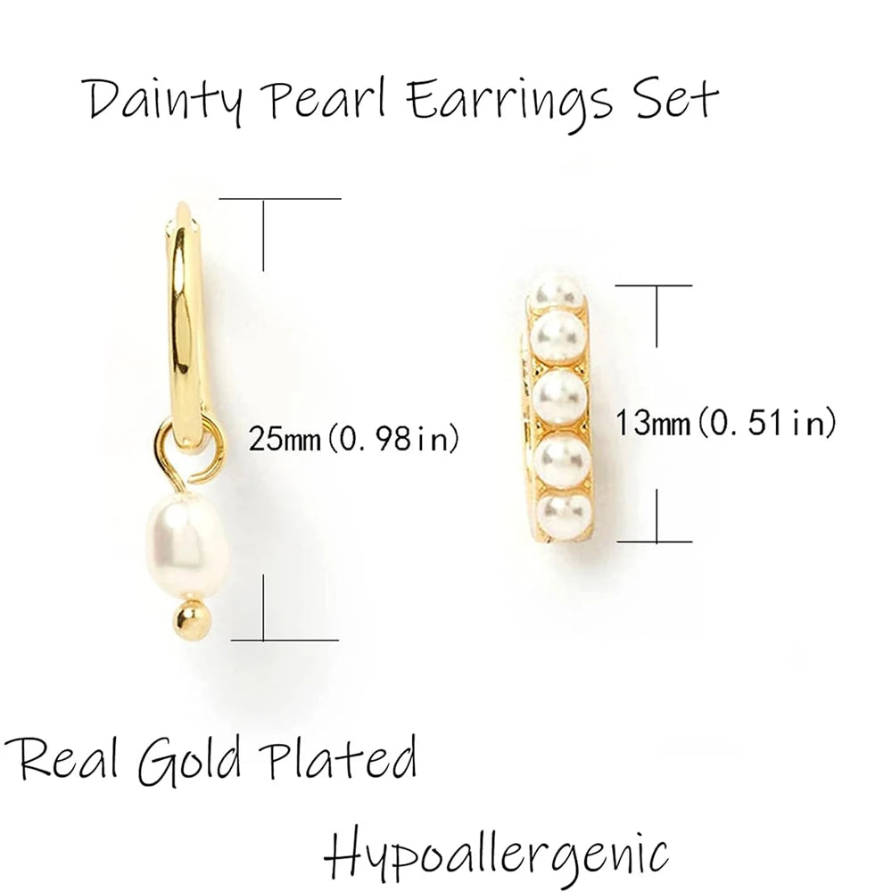 2 Pair/Set Fashion Stainless Steel Imitation Pearls Dangle Hoop Earrings for Women Dainty 18k Gold Plated Hoops Vintage Jewelry