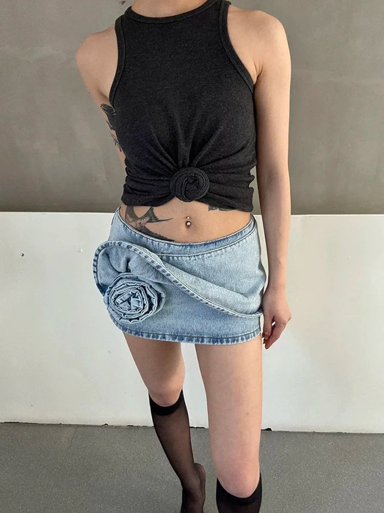 Rose Decoration Low Waist Women's Denim Skirt Y2K Temperament High Street Mini Half-body Skirt 2025 Summer New