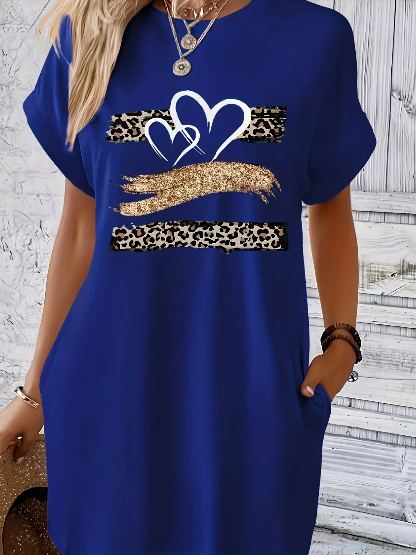 Women'S Casual Knit TShirt Dress with Heart Print Crew Neck Short Sleeve Fashionable Top Black with Colorful Flag Design HL611-BAOLAN