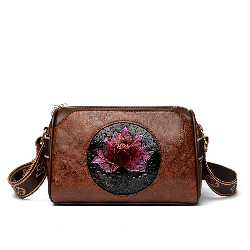 Three Layers Women Handbag Soft Leather Shoulder Crossbody Bags for Women Flower Print Ladies Messenger Bag with WIde Strap Dark Brown