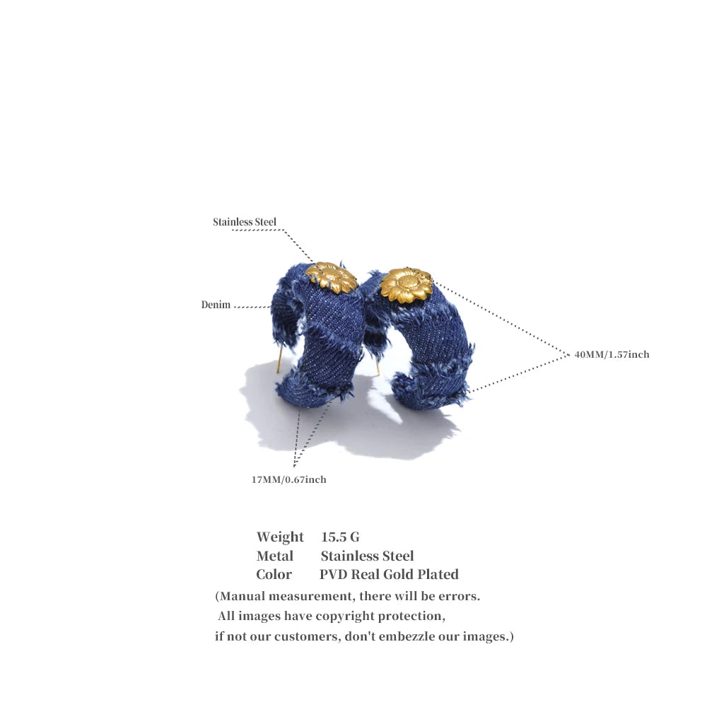Yhpup Creative Blue Denim Flower C Shape Hoop Earrings Women Stainless Steel Popular Jewelry Autumn & Winter New 2025 Wholesale