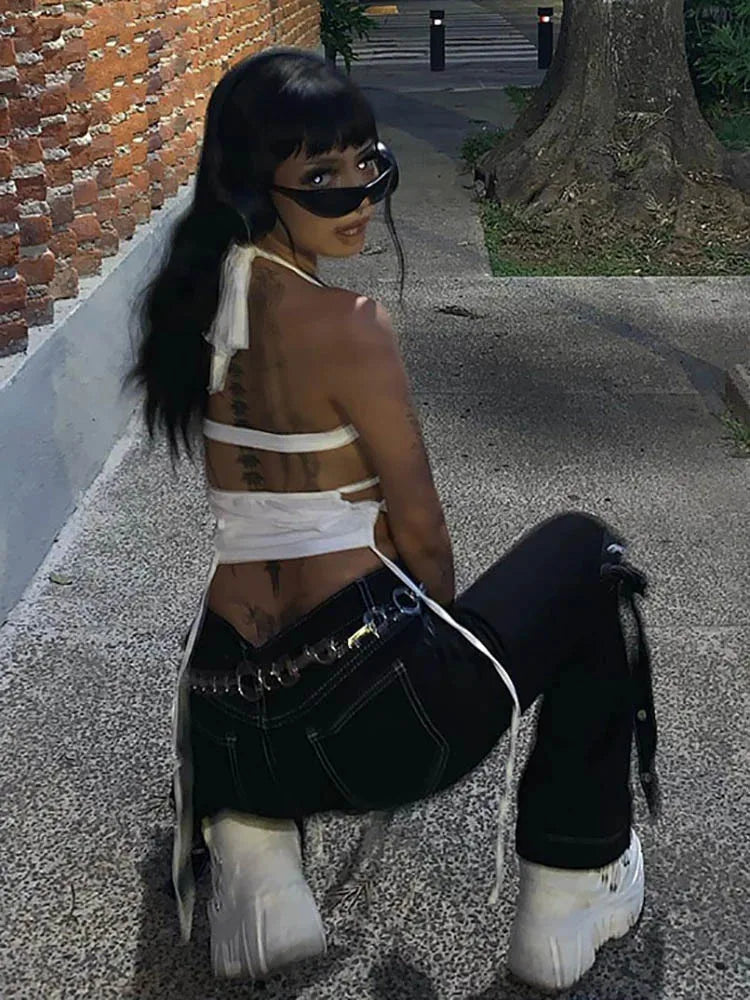 Y2K Sexy Backless Summer Crop Top Women Hollow Out White Sleeveless Bandage Halter Tank Tops Streetwear Cami 90s