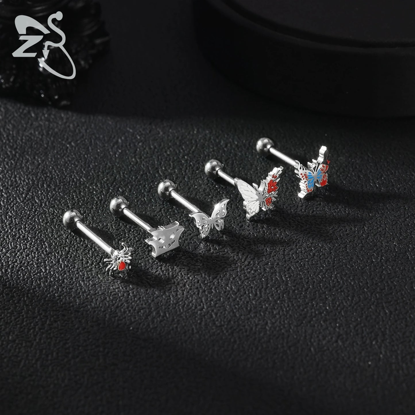 ZS 1 Piece 14G Stainless Steel Tongue Piercing Ring Colorful Butterfly Bone Tongues Stud Punk Skull Snake Body Piercings Jewelry