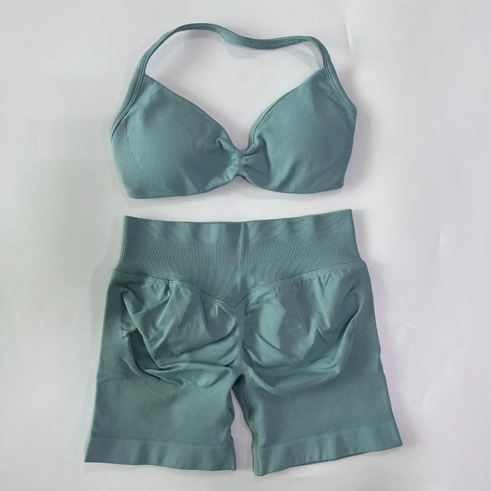 NO LOGO 2PCS Gym Set Women Strappy Yoga Bra Top High Waist Workout Scrunch Shorts Sports Suit Seamless Yoga Set Fitness Clothes Badiee Stylez