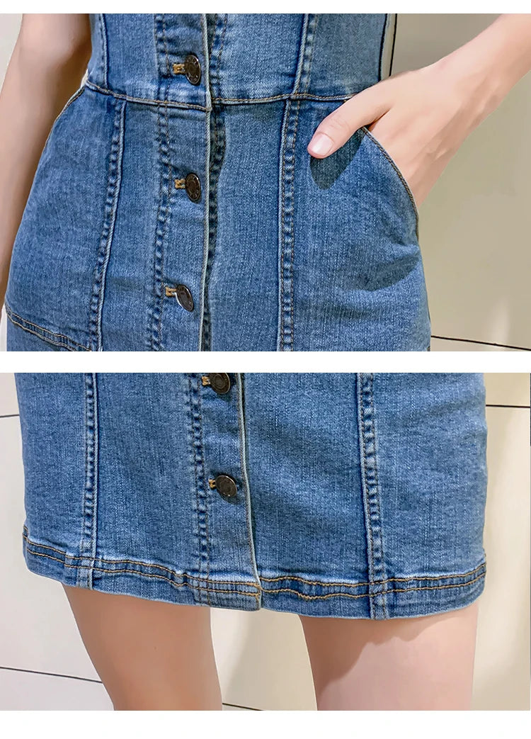 Denim Dress Summer Spaghetti Strap Sundress Vintage Casual Solid Retro Chic Sexy Jeans Button Front Blue Party Dress Women 2022