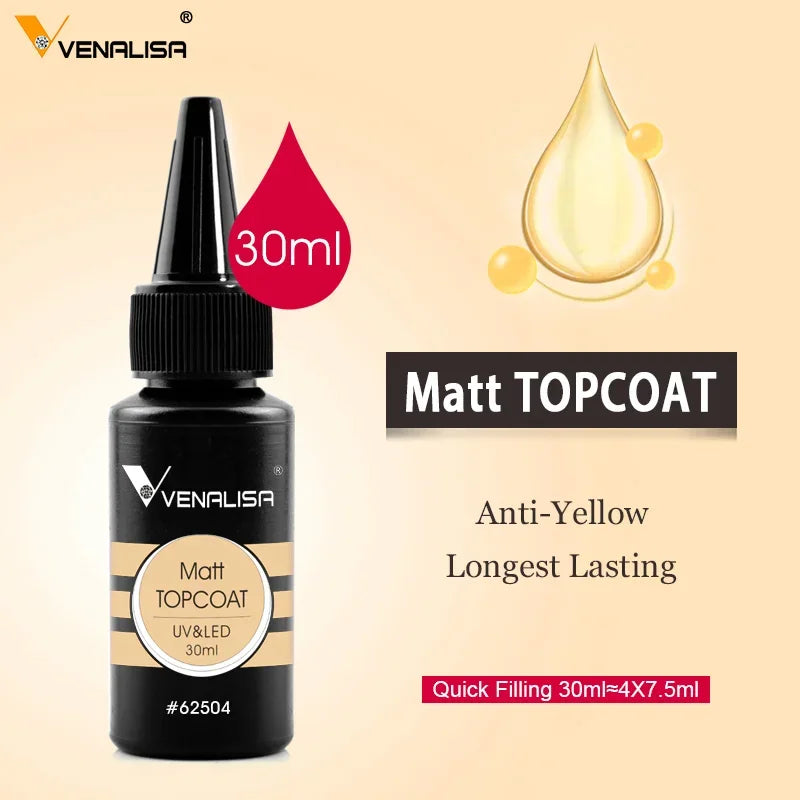 Venalisa Long Wear Tempered Top Coat Reinforce Gel Refill Package Soak Off UVLED Nail Gel Polish Big Volume 225g/30ml Base Gel Matt30ml