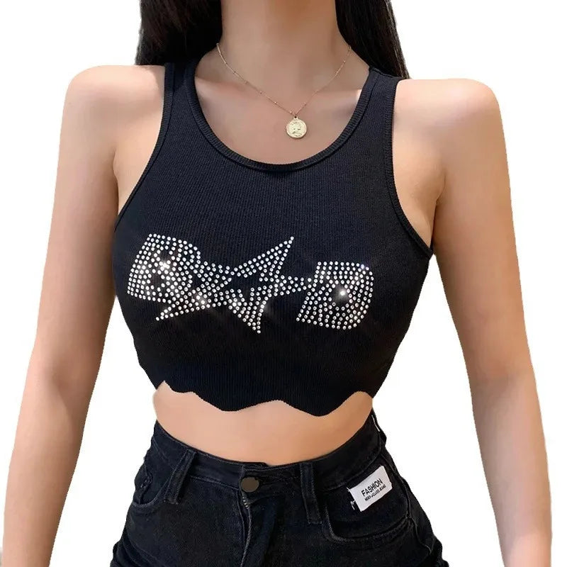 European and American sexy sports street girl vest versatile letter hot diamond letter suspender top black