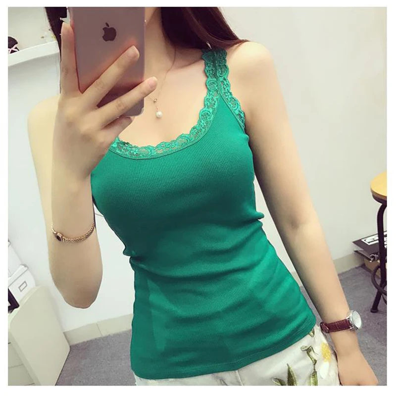 Black Tops Summer Sleeveless Women Tank Top With Lace Top Red Inside Wear Lace Camisoles Loose Underwear Womens Clothing Vest green One Size