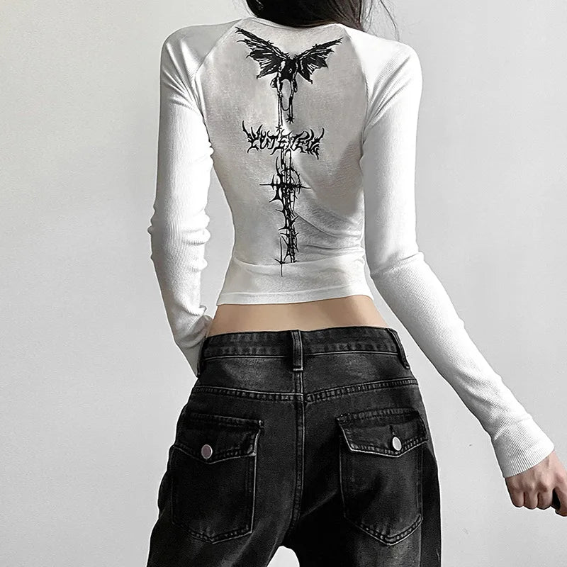 Y2K T Shirts Vintage Women O-neck Tee Long Sleeve Grunge Print Casual Crop Tops Female Graphic Korean Fashion Crop Tops EMO