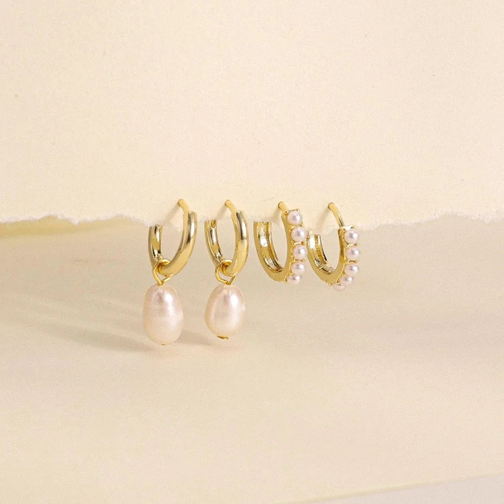 2 Pair/Set Fashion Stainless Steel Imitation Pearls Dangle Hoop Earrings for Women Dainty 18k Gold Plated Hoops Vintage Jewelry