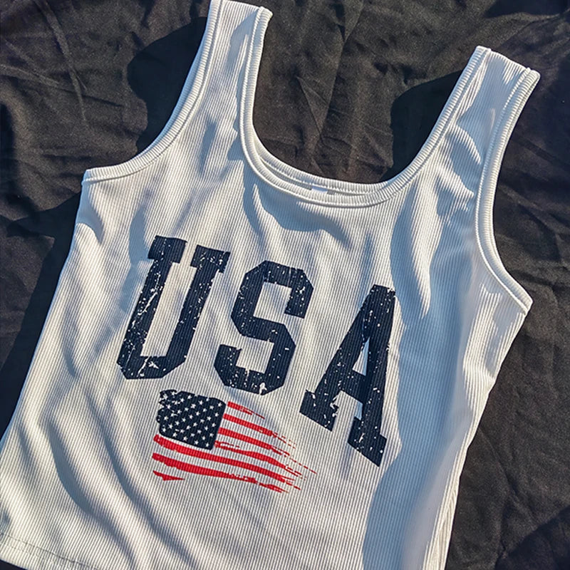 Y2k USA Crop Top Harajuku Women Letter Print T-Shirts Slim Retro Fashion Grunge Vintage Tee Streetwear Aesthetic Clothing Sexy