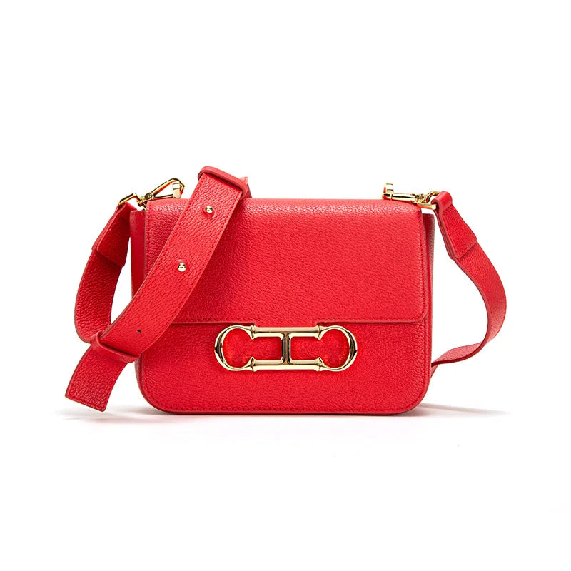 CHCH Women's Saddle Bag 2024 Autumn/Winter New Black Cow Leather Flip Small Square Bag Simple Commuter Diagonal Cross Bag Red